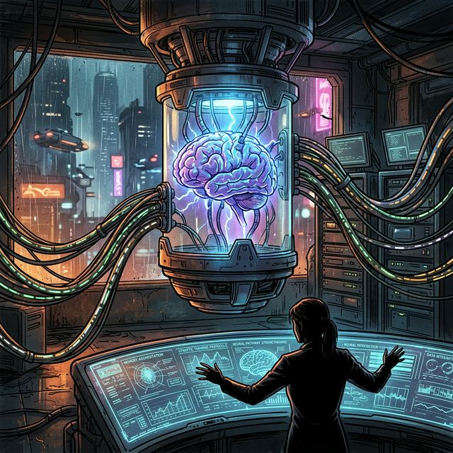 Futuristic cyberpunk brain connected to a computer